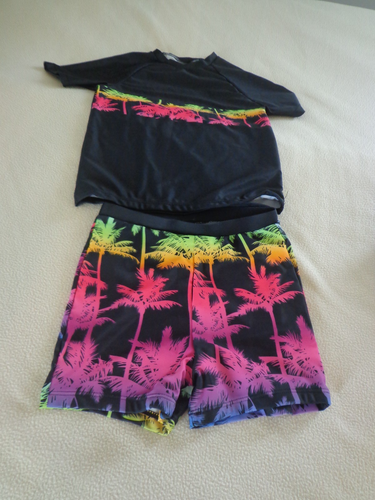 BOYS 6/8 SWIM BOTTOMS SHORT SLEEVE RASH GUARD TOP BLACK MULTI COLOR PALM TREES - Picture 1 of 5