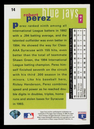 1995 Collector's Choice SE Robert Perez #14 Toronto Blue Jays Baseball Card - Picture 2 of 2