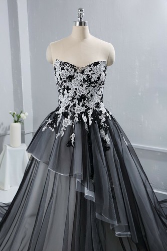 Gothik Weiß Schwarz Spitze Brautkleid Ballkleid Fashion Show Gr.32-48 Übergröße - Bild 6 von 11
