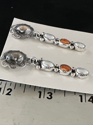 Orange Spiny Oyster Navajo Sterling Silver Beads Dangle Earrings 15328 - Picture 6 of 12