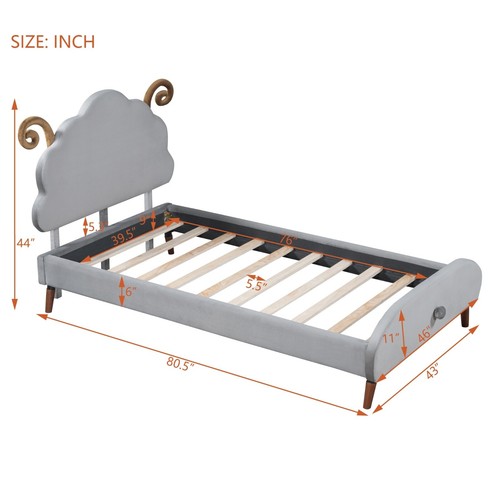 Twin Size Upholstered Platform Bed with Sheep-Shaped Headboard, Gray - Picture 10 of 12
