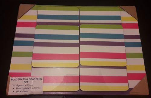 12 PIECES MULTI STRIPES TABLE PLACEMATS AND COASTERS SET KITCHEN DINNING nouveau 12 PIECES MULTI STRIPES TABLE PLACEMATS AND COASTERS SET KITCHEN DINNING nouveau