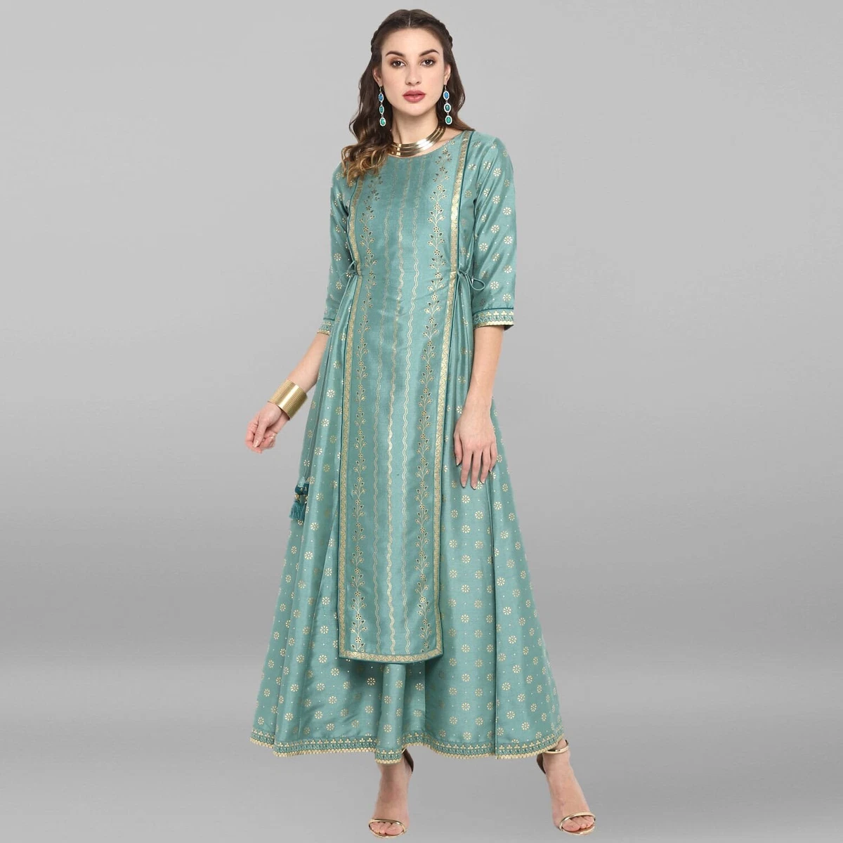 NWT Janasya Light Green Gold Poly Silk Kurta Dress Traditional