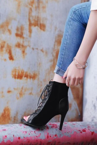 Women's Hollow Mesh Heels Black Lace-up Sexy Peep Toe Stilettos Jazz Dance 2025 - Picture 13 of 25