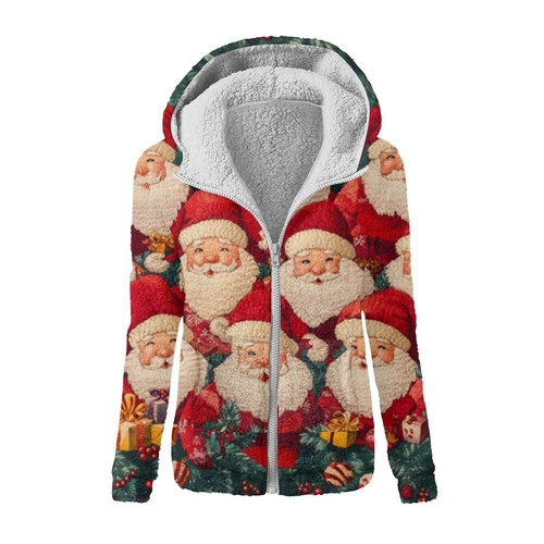Women's Fashion Printing Sweatshirt Loose Hooded Plush Zip Up Jacket Top - Picture 43 of 48