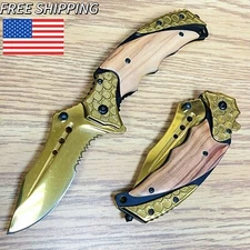 8.5" Gold Scales Tactical Wood Spring Assisted Blade Folding Pocket Knife