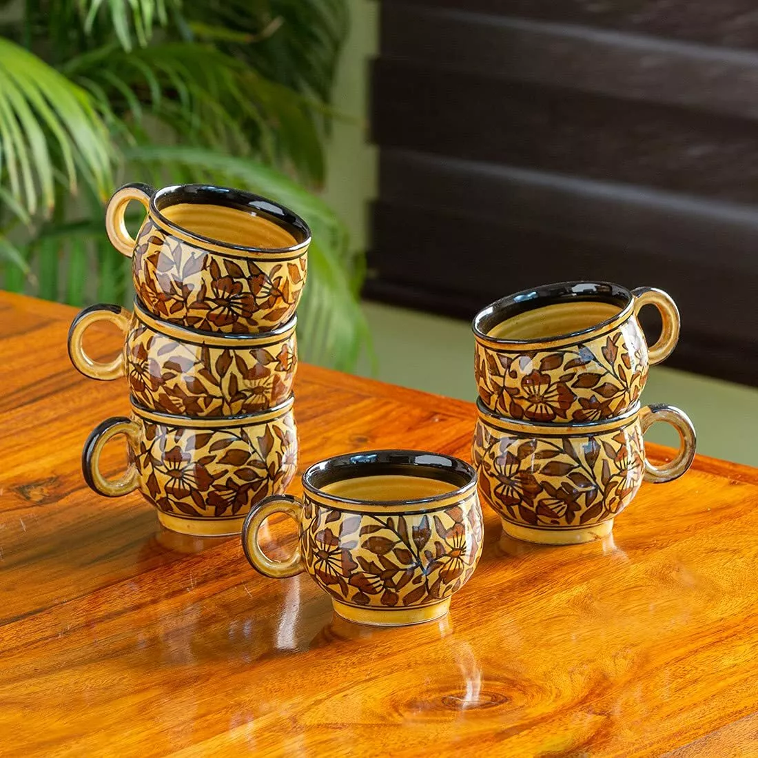 Handpainted Ceramic Tea Cups Set of 6 Cups & Coffee Mug 'Floral' (180 ML)