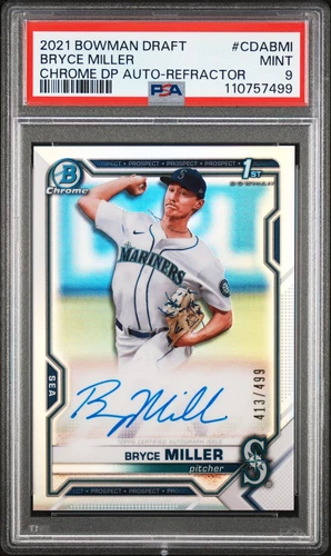 PSA 9 BRYCE MILLER CHROME DP AUTO REFRACTOR (1ST) 2021 BOWMAN DRAFT #CDABMI MINT