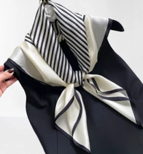 100% Silk 34 square Scarf Women neckerchief shawl Wrap striped black white WS300