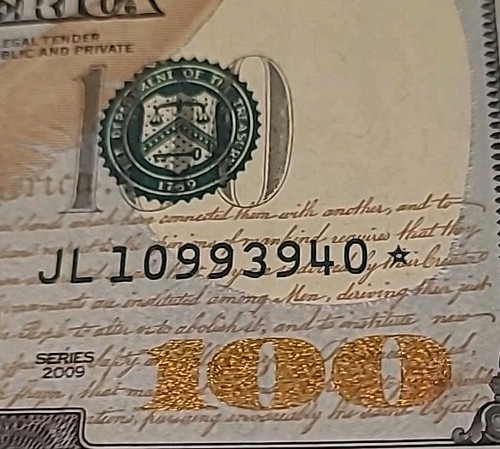 Ausgefallener Seriennummer 100 Dollar Schein 2009 ~ STERNSCHEIN ~ JL 10993940 * - Bild 3 von 17