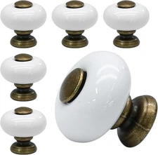 6pcs White Ceramic Drawer Knobs, Vintage Dresser Knobs with Antique Bronze Po...