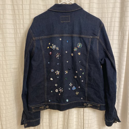 goodfellow denim jacket Large Beaded Upcycled Dark Wash Sparkle Unique - Picture 4 of 6
