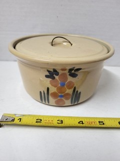 Antique Buckey Pottery Co Blue Ribbon Brand crock with lid Macomb Illionois