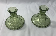 Federal Glass Olive Green Raindrops Thumbprint CandleStick Holders 7/8"