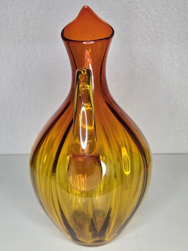 VINTAGE BLENKO GLASS HAND BLOWN AMBERINA TANGERINE RUBY OPTIC PITCHER #991 - Picture 6 of 19