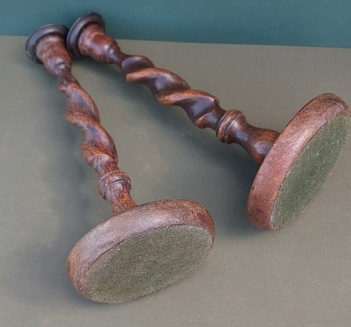 Pair Edwardian Barley Twist Candlesticks Antique English oak Brass Top Handmade - Picture 4 of 8