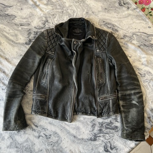 Allsaints Heavily Distressed Cargo Biker 100% Real Leather Zip Up Jacket UK 8 - Picture 13 of 24