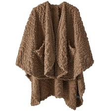 Fuzzy Sherpa Wearable Fleece Blanket with Pockets for Adults, Ultra Soft Brown