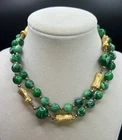 VINTAGE MIRIAM HASKELL GREEN SWIRLED ACRYLIC NECKLACE GOLD STATIONS 14" - SIGNED