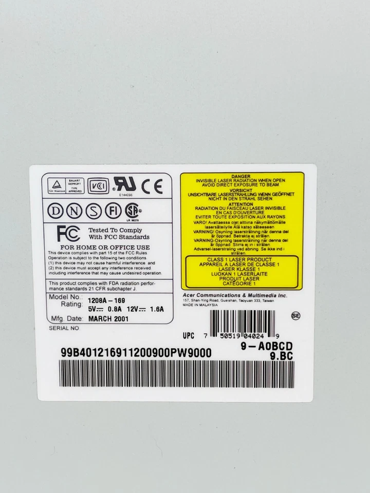 Untested Acer CRW 1208A-169 Internal CD ReWriter Write 12x Rewrite 8x Read 32x - Image 3 of 4