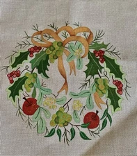 Christmas Wreath Needlepoint Canvas with Sparkles Holly Berries Fruit