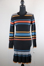 Cupcakes And Cashmere Womens Striped Print Ribbed Sweater Dress Flounce Hem L