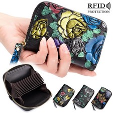 RFID Accordion Credit Card Holder Wallet for Women Small Leather Zip Card Case