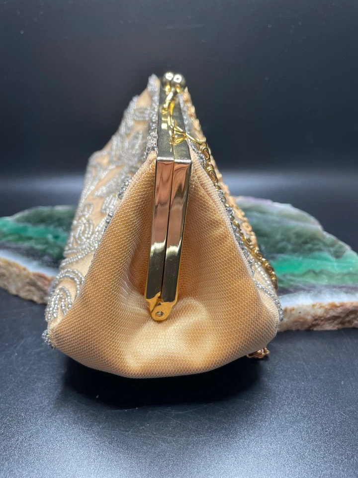 Vtg Valerie Stevens Silver Beaded Small Evening Bag Clutch Gold Chain Strap Tan - Image 2 of 4