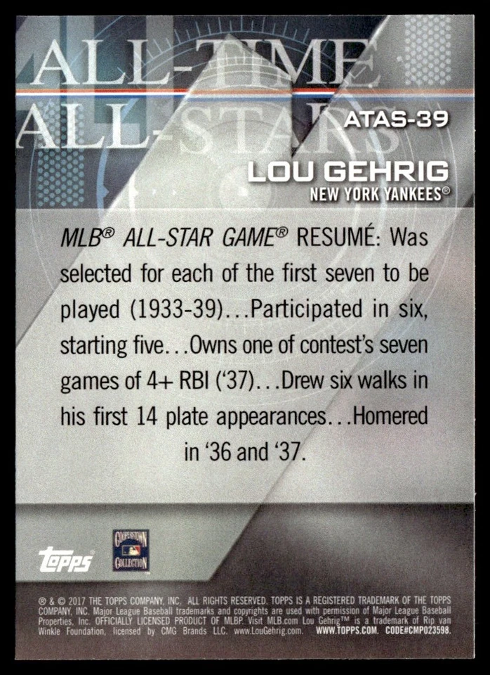 2017 Topps All-Time All-Stars Lou Gehrig New York Yankees #ATAS-39 - Image 2 of 2
