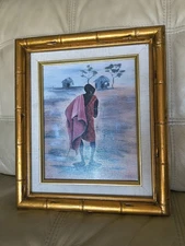 Vintage Annie LEE Woman Looking At Huts Litho Painting
