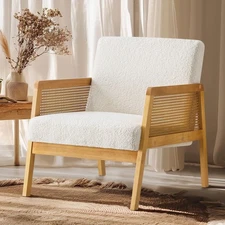 Boucle Fabric Accent Chair for Living Room, Rattan Webbing Reading Chair with...