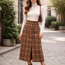 Vintage 90's S Wool Midi Skirt Plaid Button Front Tweed pencil preppy academia
