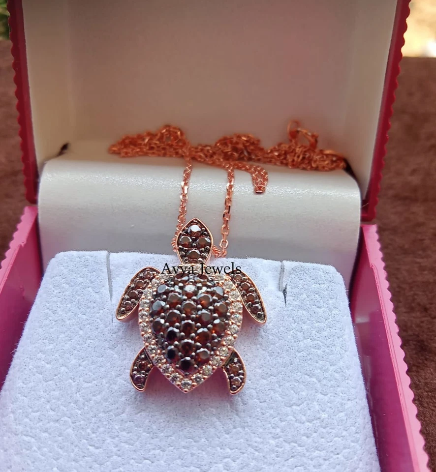 2 CT Round Brown Diamond Aloha Turtle Sea Pendant Necklace 14K Rose Gold Plated - Image 3 of 4