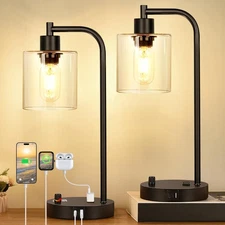 Set of 2 Industrial Table Lamps with USB Port, Fully Stepless Dimmable Bedsid...