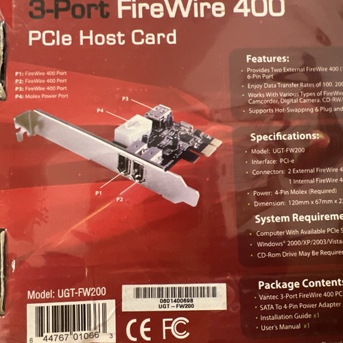 Vantec UGT-FW200 3-Port Firewire 400 PCI-e Host Card Plug & Play - Picture 3 of 5