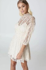 Free People Bittersweet Lace Highneck Ivory White Cotage Boho Mini Dress S 10 6