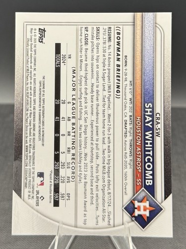 2025 Bowman Chrome Autograph Mini Diamond Refractor #CRA-SW Shay Whitcomb RC/100 - Picture 2 of 2