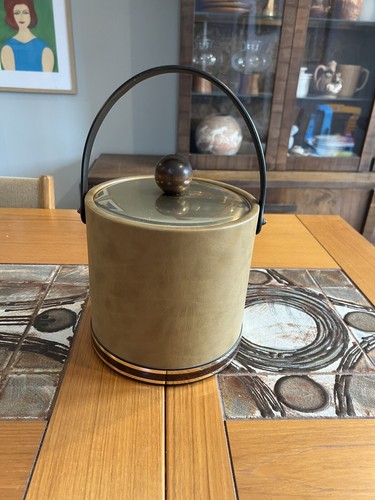 Vintage Ice Bucket w/ Handle Lid Brown Faux Leather Vinyl Barware MCM Retro Bar