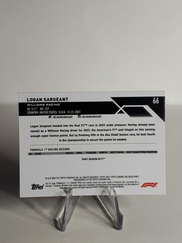 Logan Sargeant 2023 Topps Fórmula 1 F1 cromo refractor púrpura/399 novato #66 - Imagen 3 de 3