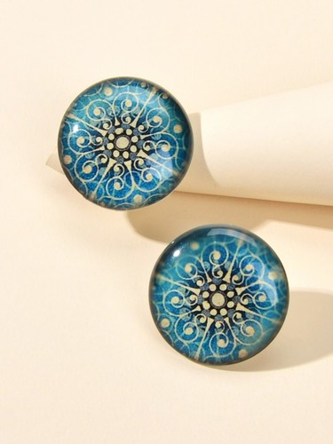 Ethnic Jewellery Blue Green Resin Flower Pattern Round Stud Pierced Earrings - Picture 13 of 18