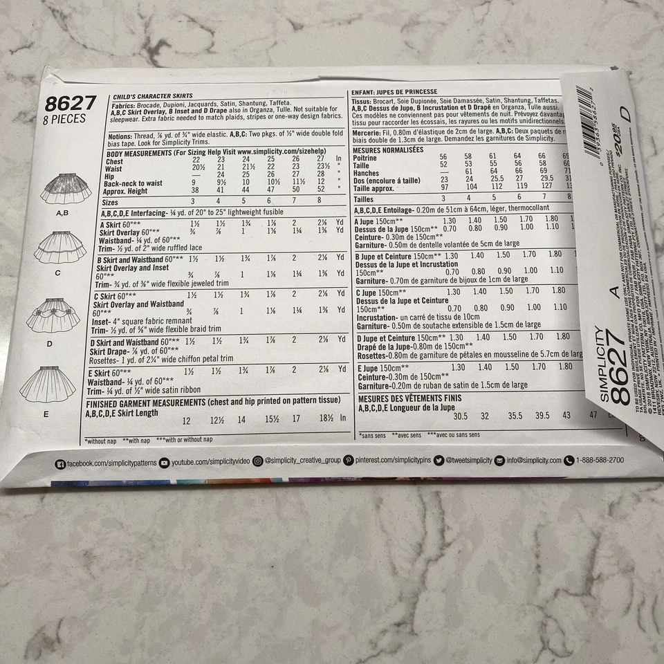 Simplicity 8627 Childs Character Skirts Snow White Ariel Jasmine Rapunzel Sz 3-8 - Image 3 of 3