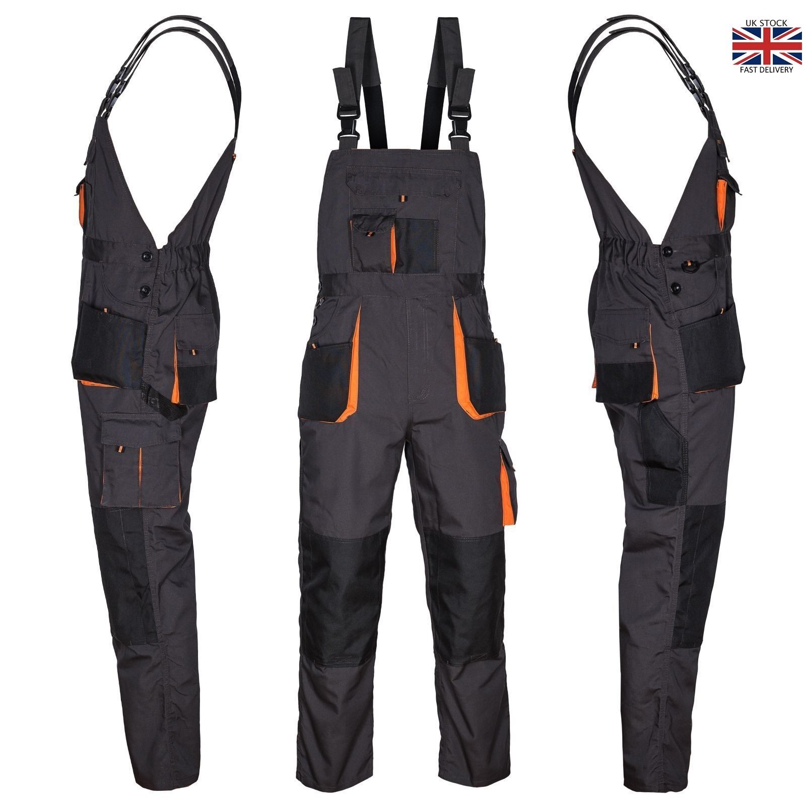 UK-Bib and Brace Overalls Mens Work Trousers Bib Pants Knee Pad Multi ...