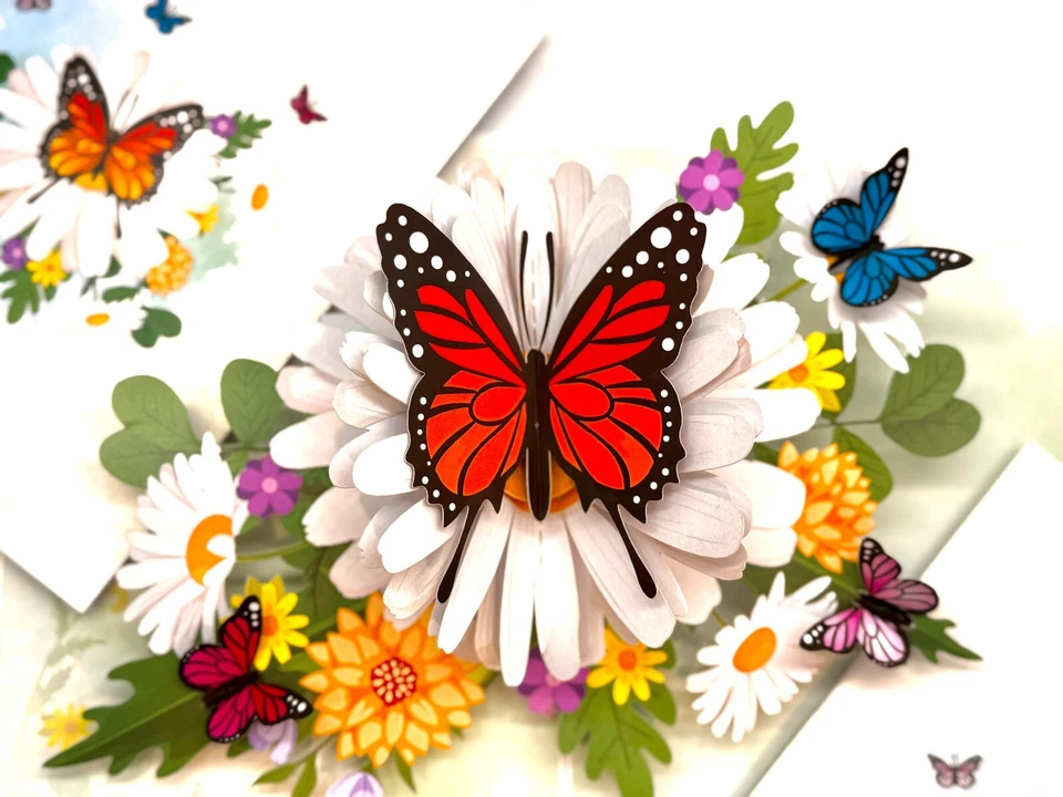 ORIGAMI POP CARDS Butterflies Attracting Daisy Flowers Sympathy Get Well Soon - Image 2 of 4