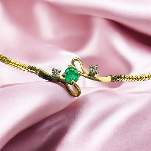 18K Gold- Colombian Emerald & Diamond Bracelet- 750 Gold -6.5"-Herringbone -2.6g - Picture 3 of 22