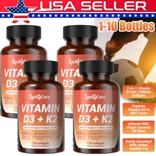 2 in 1 Vitamin D3 10,000 IU + K2 MK7 200mcg 120 Virgin Coconut Oil Softgels Lot