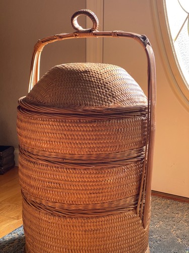 VINTAGE Antique Chinese Wedding Basket, 3 Tier, RARE Woven Wicker & Bamboo Cane