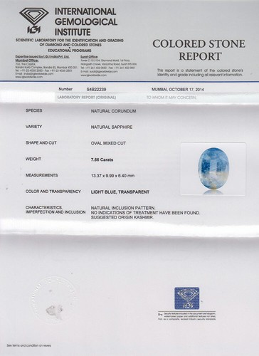 Zafiro azul cachemira con certificación GIA IGI 7,66 quilates óvalo natural sin tratar - Imagen 5 de 5