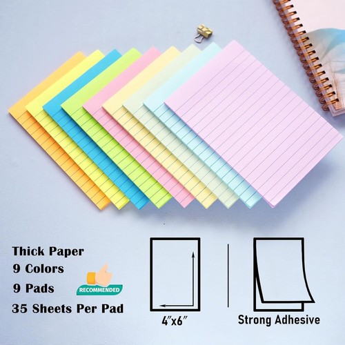 9 Pack Lined Sticky Notes 4X6 in Post, 9 Pastel Colors Large Ruled Post Sticky C - Picture 8 of 8