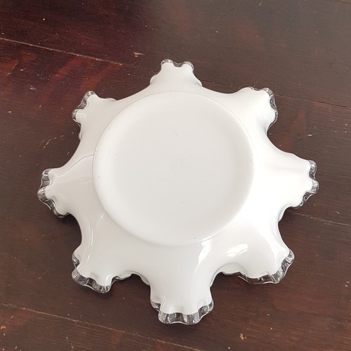 1950s Fenton Silver Crest Milk Glass Candy Dish with Clear Ruffled Rim - Picture 9 of 11