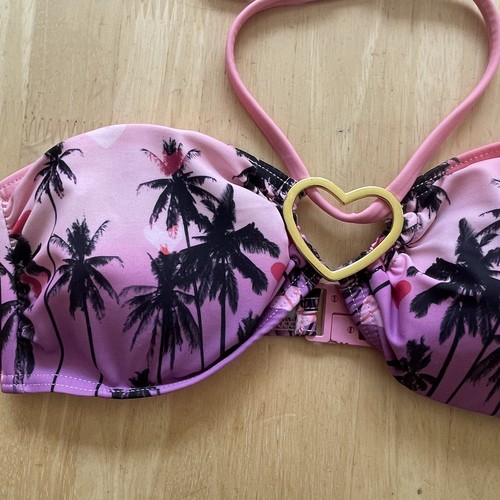 F&F UK 8 Mix & Match Bandeau Bikini - Pink Tropical Print & Blue - Picture 3 of 14